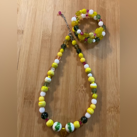 Hand Crafted Necklace Wrap Bracelet Set Yellow Green Multi Mixed Media - Picture 3 of 16
